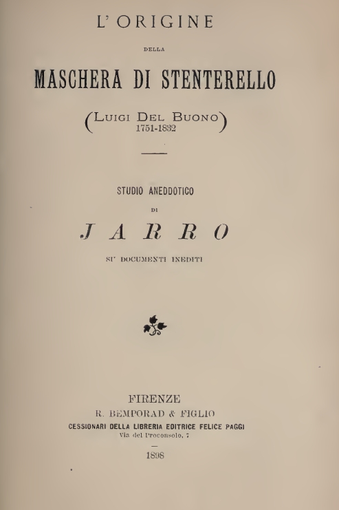 L' ORIGINE DeLLA MASCHERA DI STENTERELLO /Luigi Del Buono 1781-1832 STUDIO ANEDDOTICO JARRO