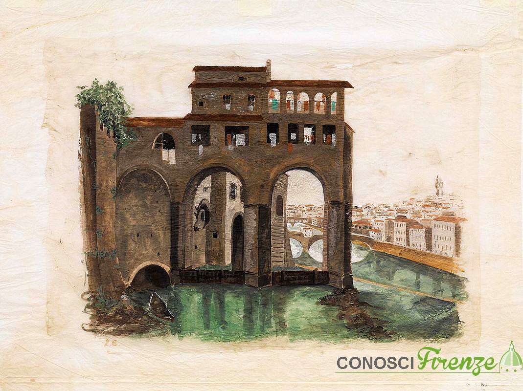 Fabio Borbottoni - Molina di San NiccolÃ² (sullo sfondo il Ponte alle Grazie) - Acquerello su carta -www.farsettiarte.it