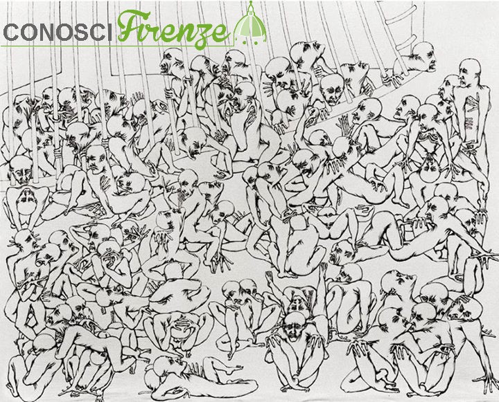 Antonio Manzi: Manicomio 1974 Disegno a penna biro su stoffa di lino cm 160x175