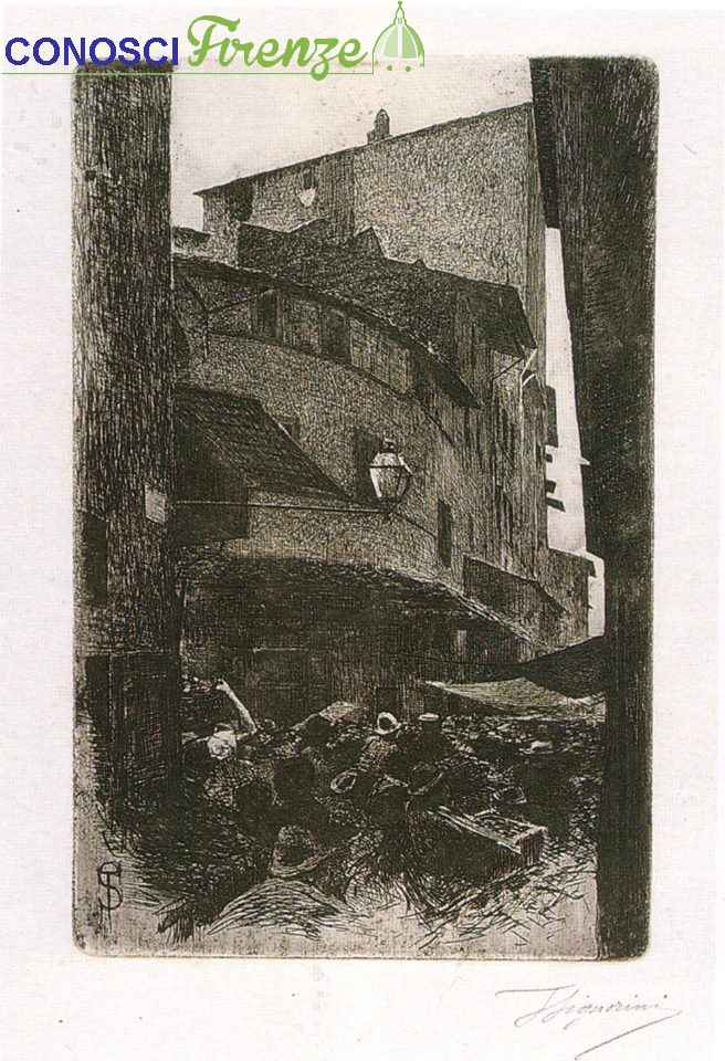 Telemaco Signorini acquaforte, Santa Maria della Tromba, 1874. Chiamata cosi per la sede dei trombettieri del Comune fiorentino. Il tabernacolo adesso è dietro la chiesa di Orsammichele.