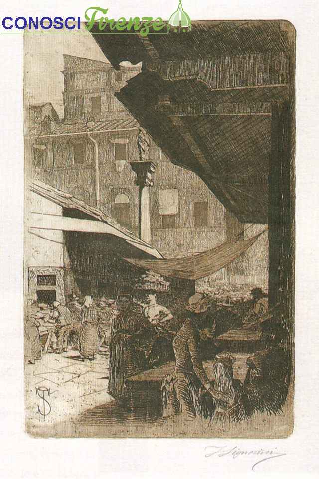 Mercato Vecchio, Colonna dell'Abbondanza, Telemaco Signorini, acquaforte, 1874