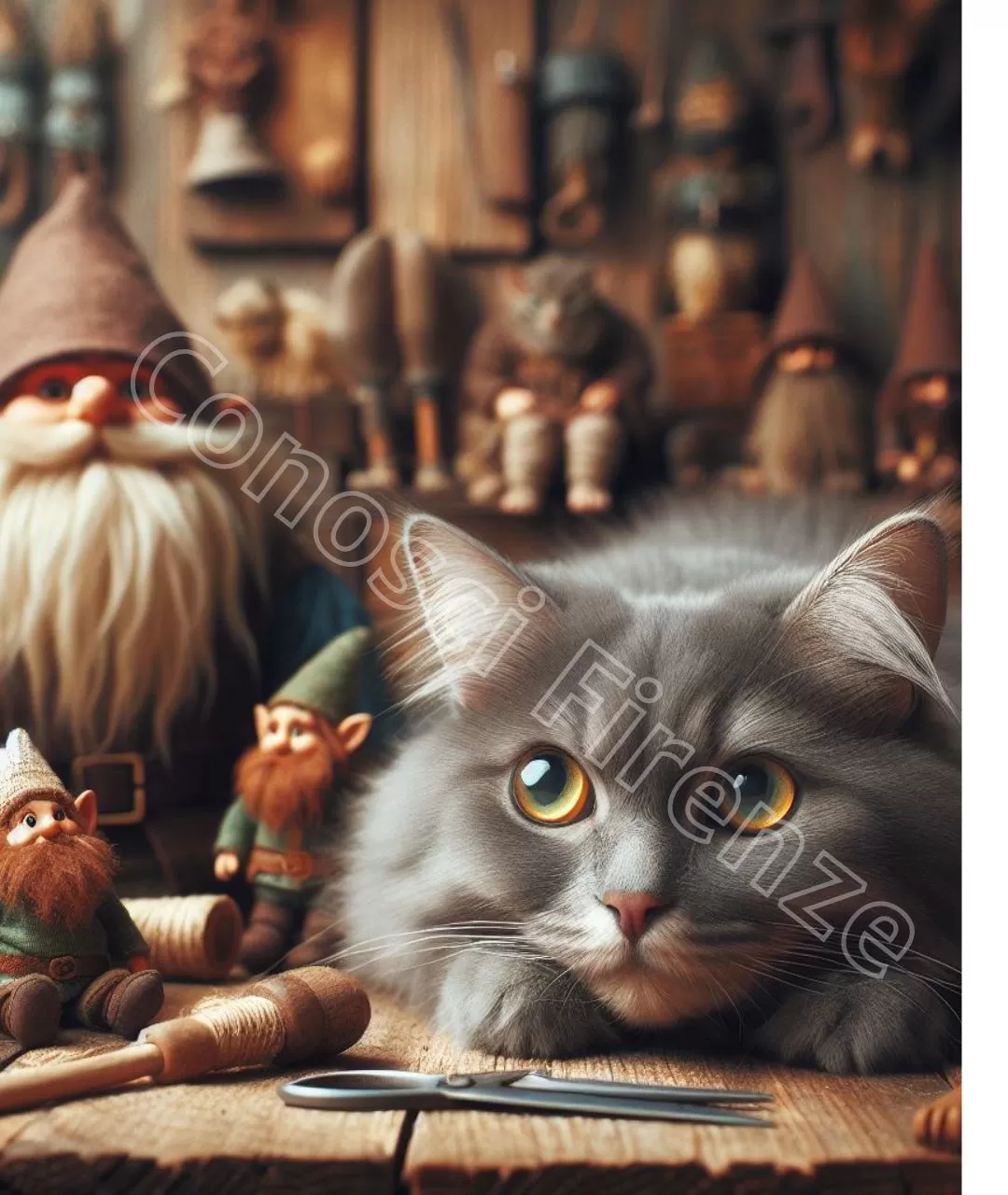 Il gatto è il compagno di giochi del nano. È un animale agile e furbo, che ha il pelo grigio e gli occhi verdi.